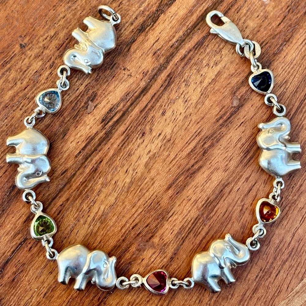 Silver Elephant Charm Bracelet with Multicolor Stones